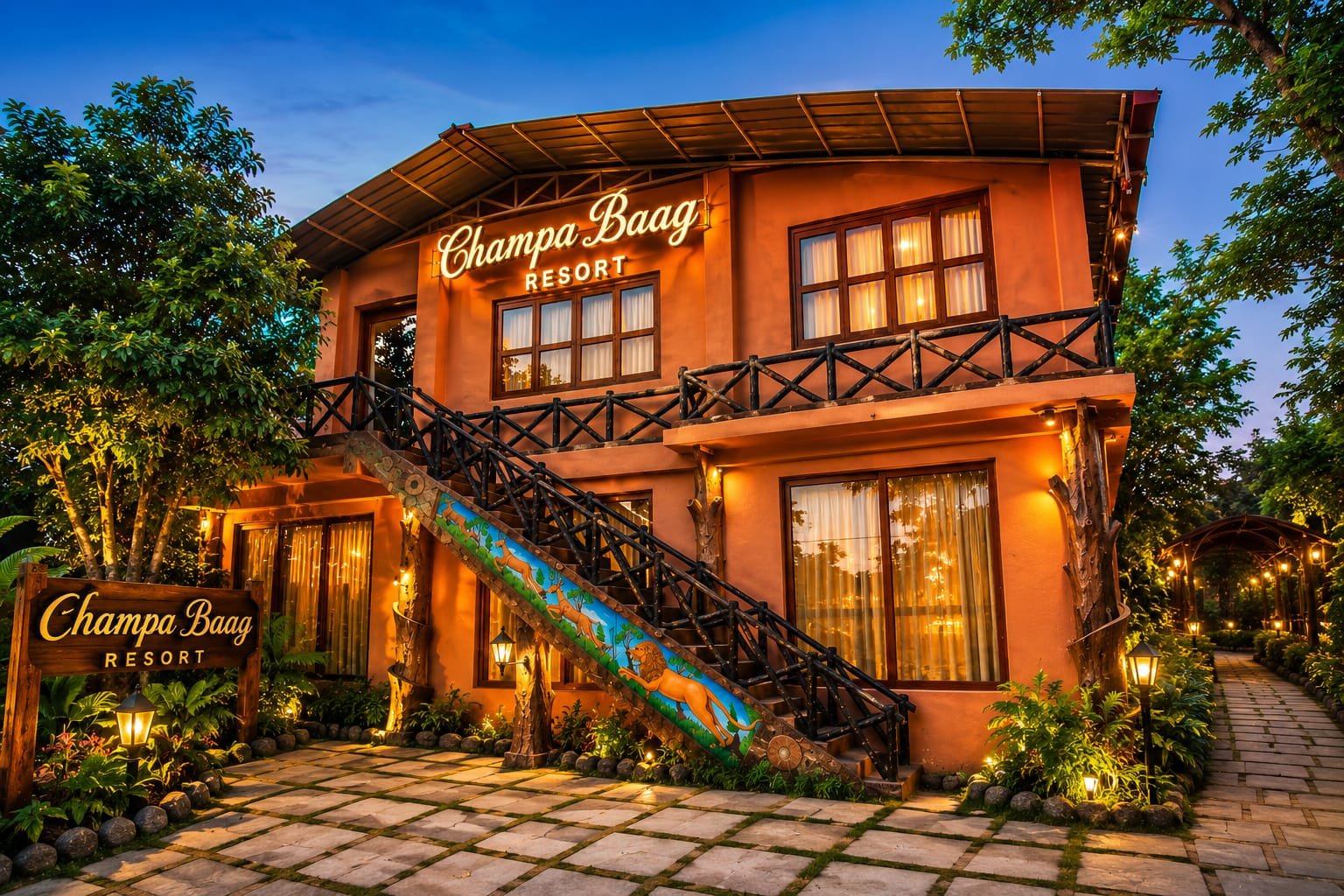 Champa Baag Resort Jagdalpur building with lush green garden, rustic architecture, warm evening lights, and peaceful nature ambience.