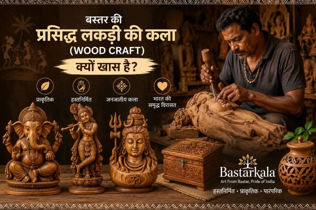 Bastar Wood Craft artisan carving a handmade wooden sculpture with traditional Bastar wooden idols and handicrafts