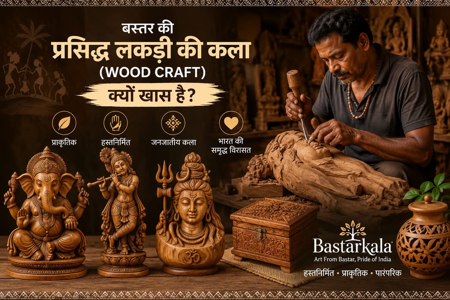 Bastar Wood Craft artisan carving a handmade wooden sculpture with traditional Bastar wooden idols and handicrafts
