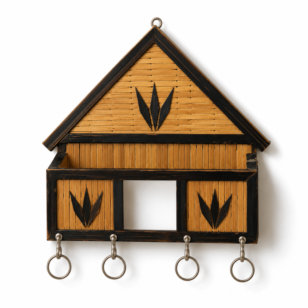 Handmade Bamboo Wall Key Holder made from natural bamboo by Bastar Kala artisans with 4 metal hooks for home and office use.
