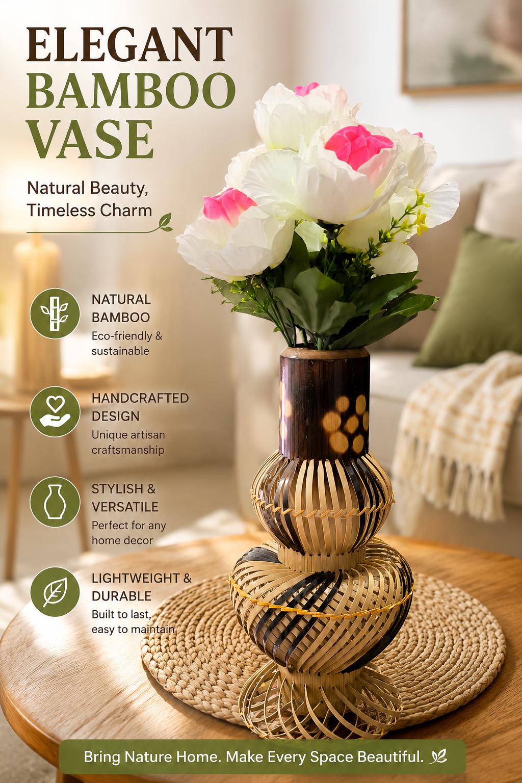 Handcrafted Bamboo Decorative Flower Vase – Natural Handmade Home Décor - Image 1