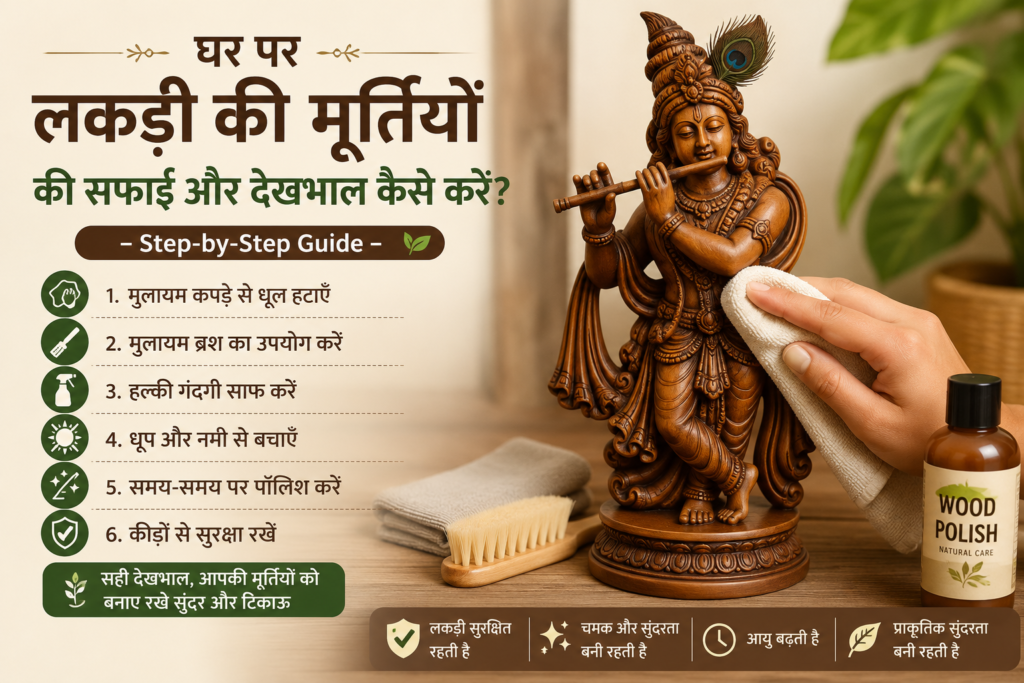 Step-by-step guide on how to clean and maintain wooden statues at home using a soft cloth, soft brush, and wood polish to preserve their beauty and durability.